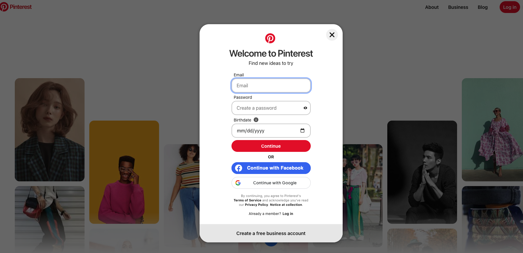 create a new account on Pinterest