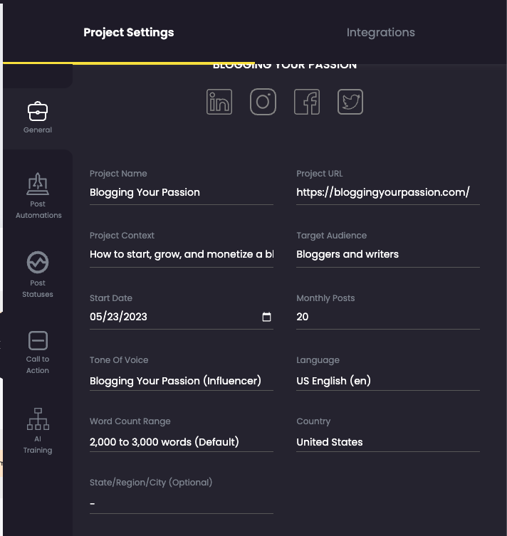 Project Settings for Content at Scale