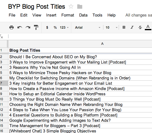 create a spreadsheet of blog titles