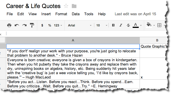 spreadsheet for quote graphics